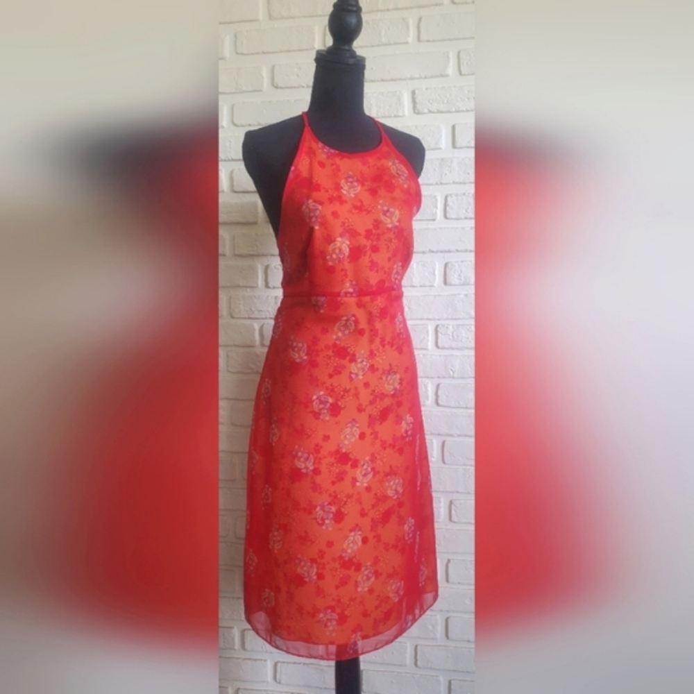 Alyn Paige Floral Paisley Halter Tie Back Tangerine Chiffon Summer Dress